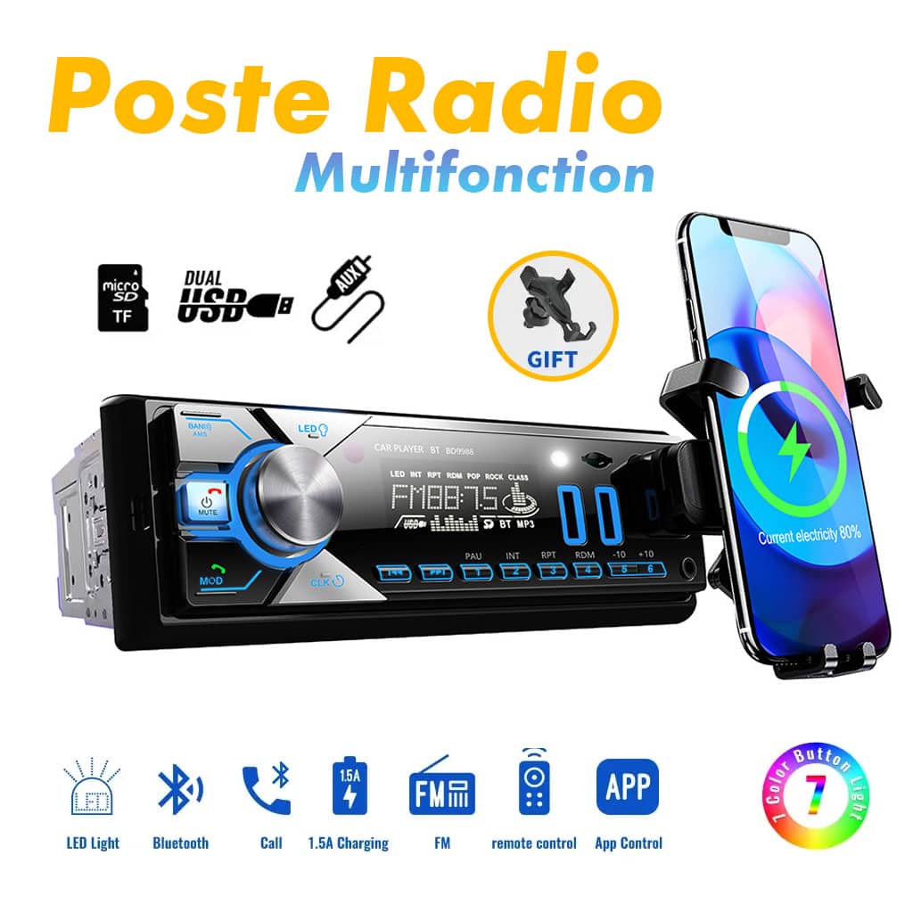 Poste radio BT Avec Support smart-phone intégré  1 Din Radio FM ,SD,TF, 2-USB 12V - Accessoires Auto/Moto - صورة 4