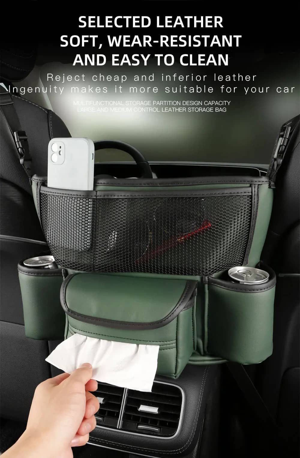 Sac de rangement en cuir pour siège de voiture, cintre central, sac à main automatique, support entre les sièges, poches pour gobelets à eau en tissu, évaluation de rangement - Accessoires Auto/Moto - صورة 3