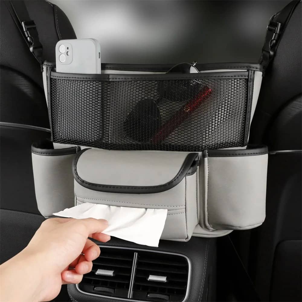 Sac de rangement en cuir pour siège de voiture, cintre central, sac à main automatique, support entre les sièges, poches pour gobelets à eau en tissu, évaluation de rangement - Accessoires Auto/Moto - صورة 6