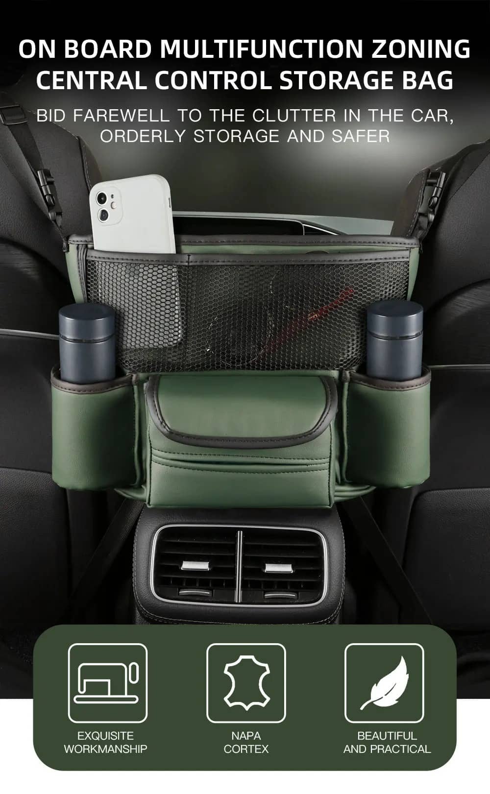 Sac de rangement en cuir pour siège de voiture, cintre central, sac à main automatique, support entre les sièges, poches pour gobelets à eau en tissu, évaluation de rangement - Accessoires Auto/Moto - صورة 7