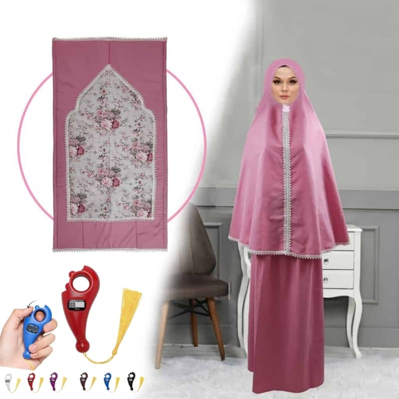 PACK طقم صلاة نسائي 4 قطع برداء فضفاض وسجادة مبطنة مع غلاف للمصحف + جهاز تسبيح رقمي محمول، سبحة صلاة مع عداد رقمي - صورة 2
