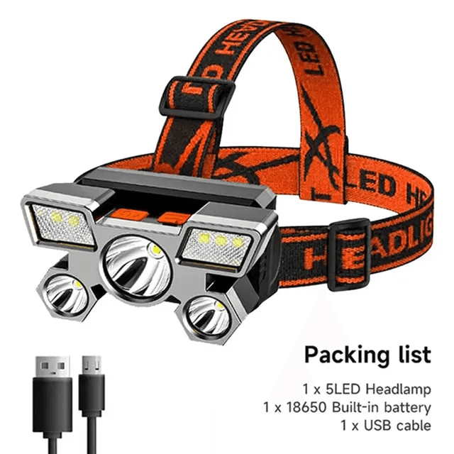 Lampe frontale portable rechargeable USB à 5 LED avec batterie intégrée - Camping et Randonnée - صورة 3