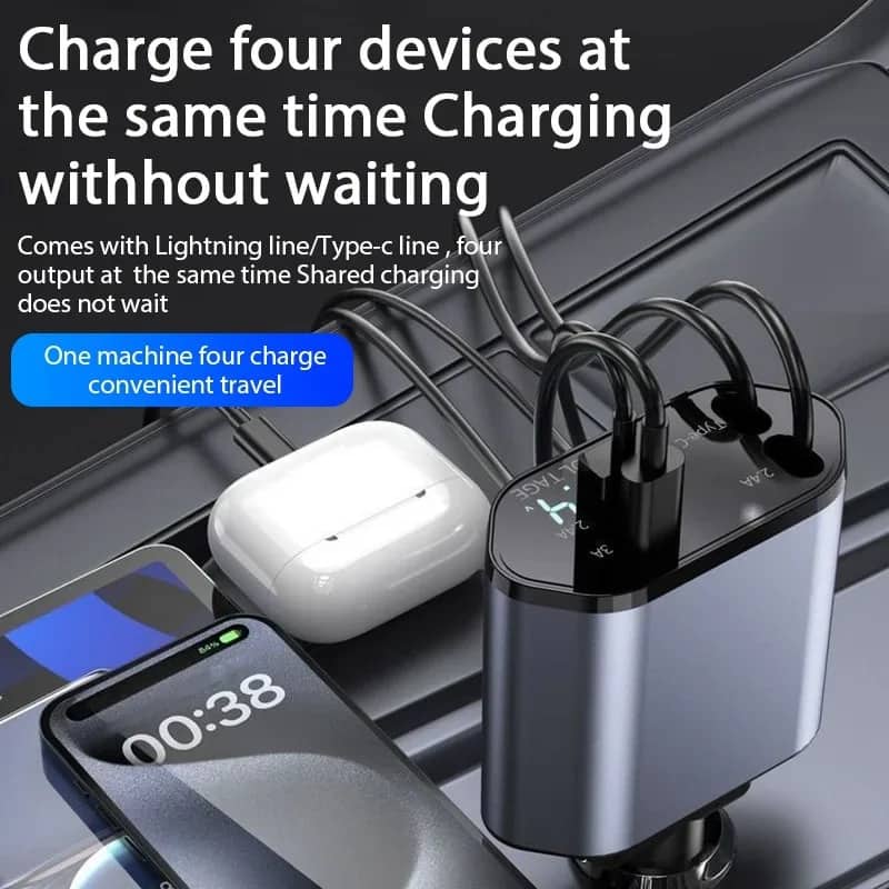 Chargeur de Voiture Rétractable 4en1 120W – شاحن سريع - Accessoires Auto/Moto - صورة 2