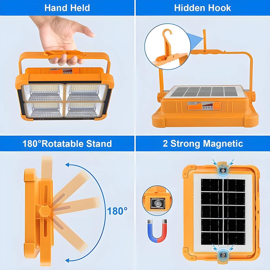 Projecteur LED Rechargeable 150W avec Panneau Solaire – مصباح تخييم عالي السطوع - Camping et Randonnée - صورة 5