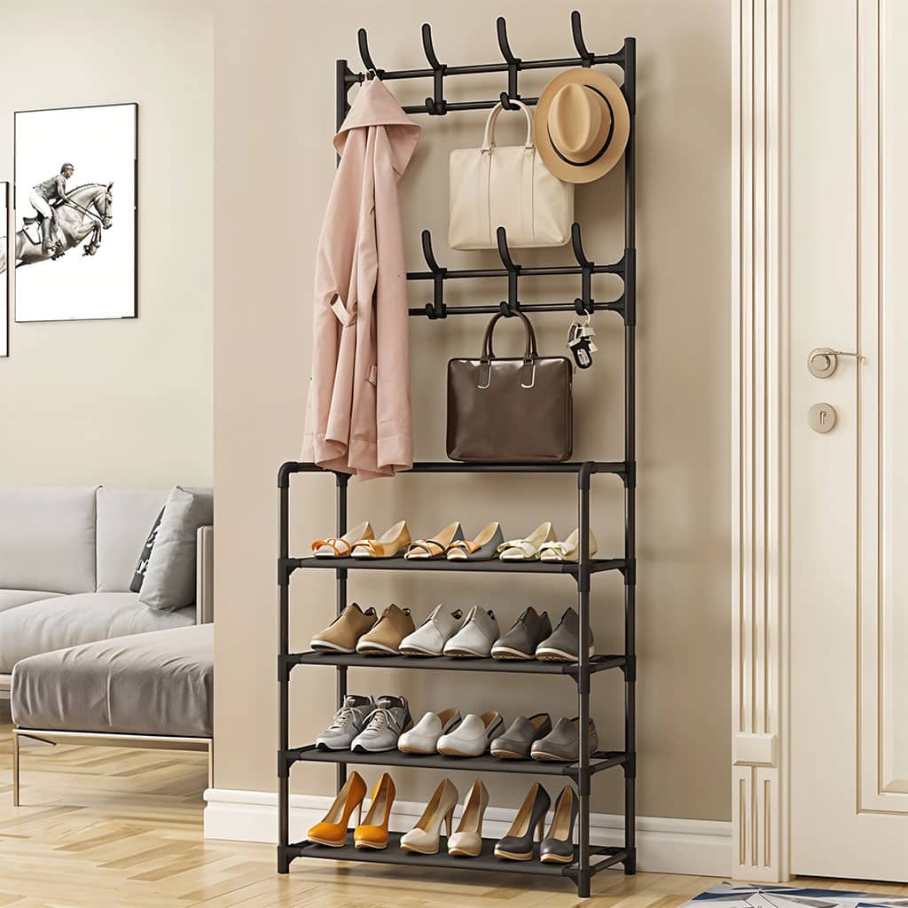 Étagère De Chaussures et Porte-manteau 4 Étages crochets – رف أحذية ومعاطف مع خطافات من 4 طبقات