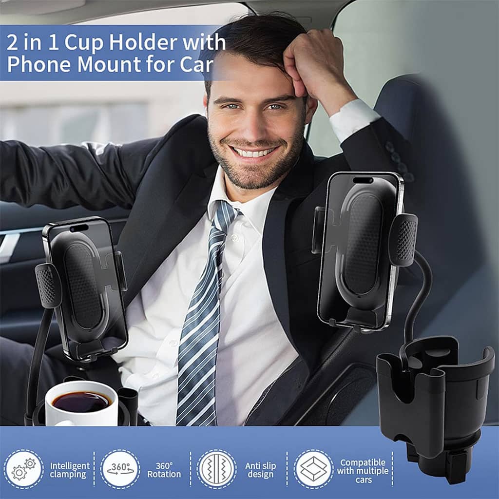 Support de téléphone pour voiture avec porte-gobelet rotation à 360° - حامل هواتف وأكواب في السيارة - Accessoires Auto/Moto - صورة 5