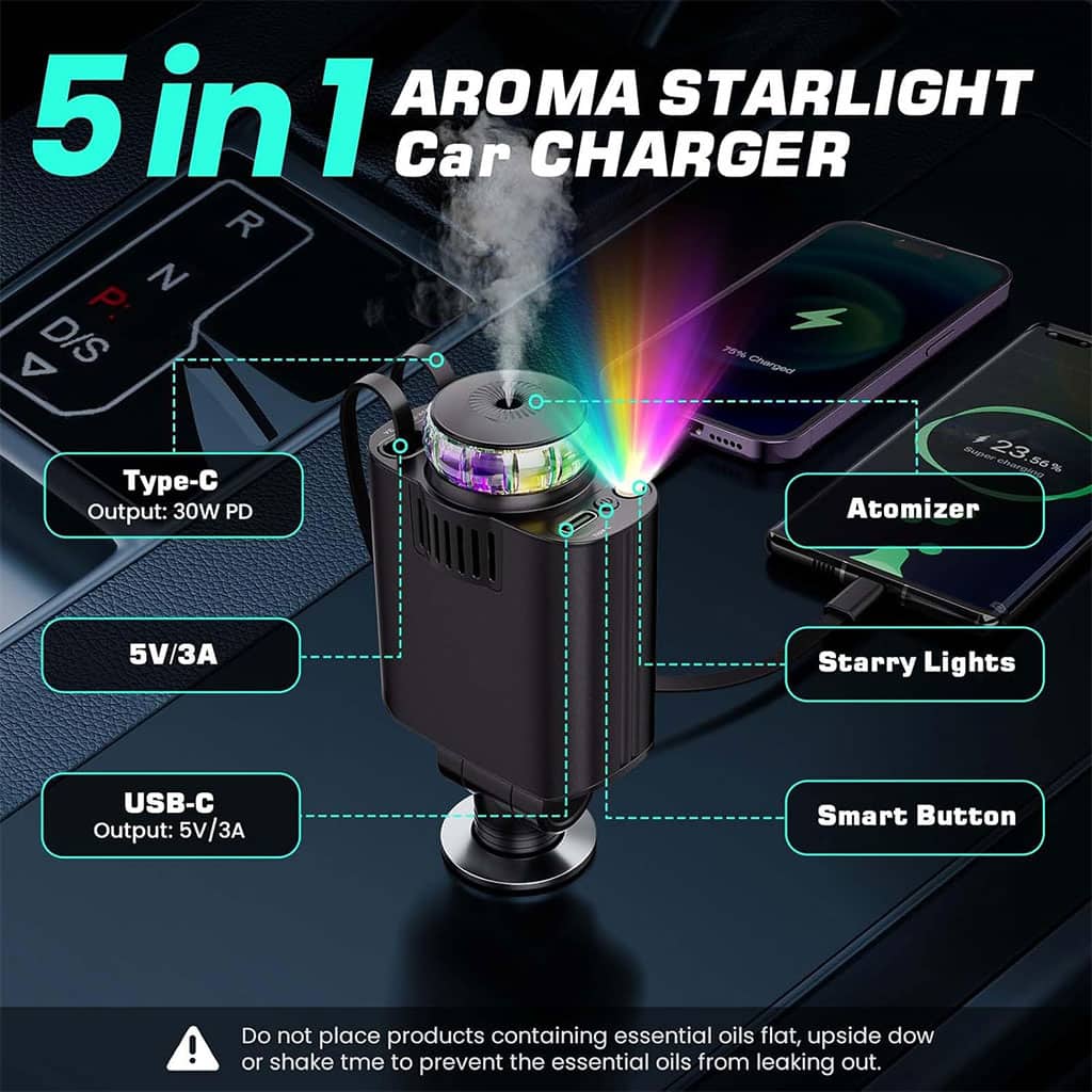 Chargeur voiture rétractable 5 en 1 avec aromathérapie et lumière des étoiles – شاحن سريع للسيارة مع معطر - Accessoires Auto/Moto - صورة 3