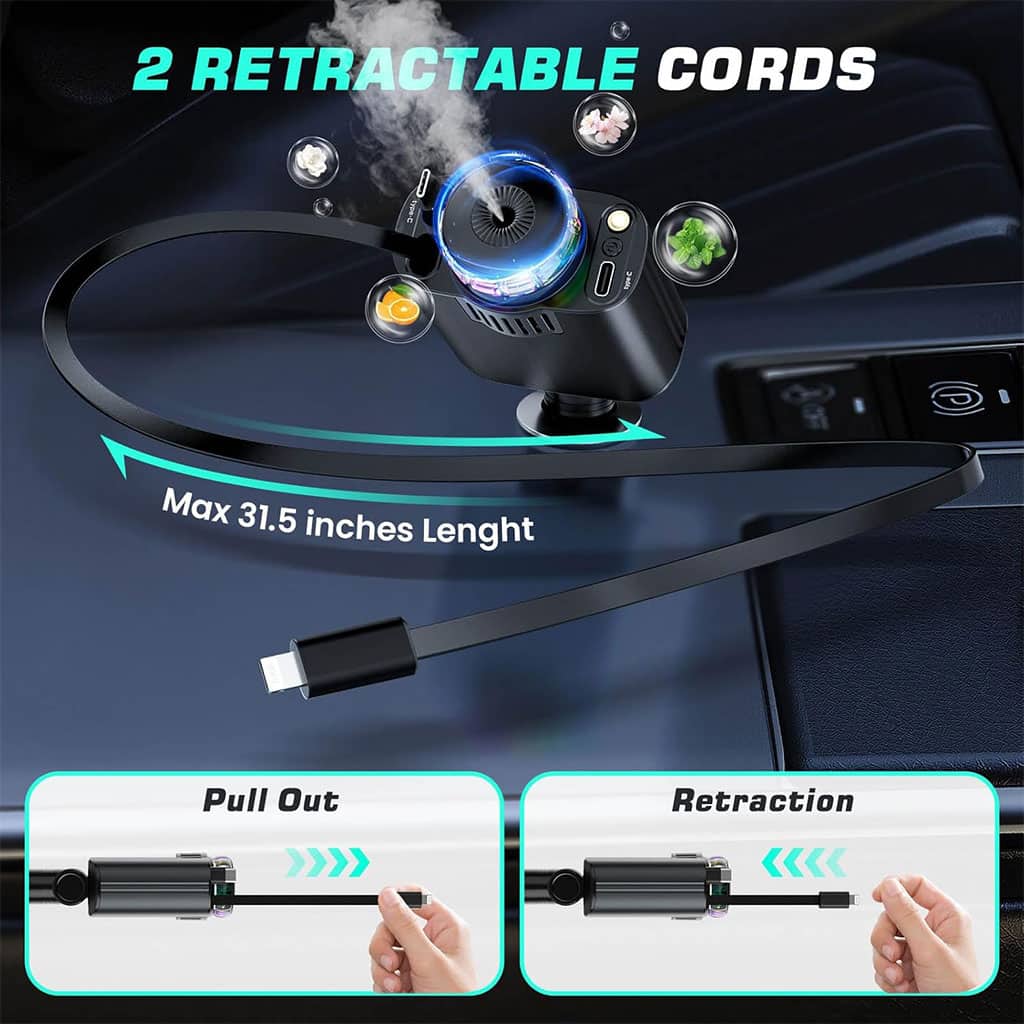 Chargeur voiture rétractable 5 en 1 avec aromathérapie et lumière des étoiles – شاحن سريع للسيارة مع معطر - Accessoires Auto/Moto - صورة 6