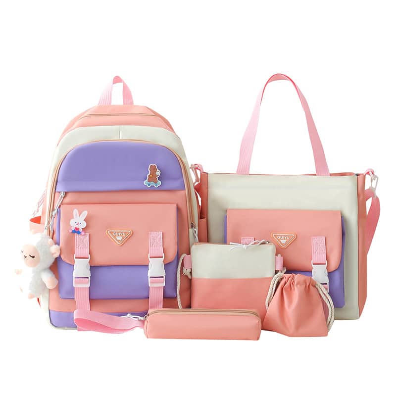 Ensemble de sacs d’école Kawai pour adolescents 5Pcs Guiyu V1 Rose – محفظة 5 قطع كاواي وردي - Sac à dos et Mode - صورة 2