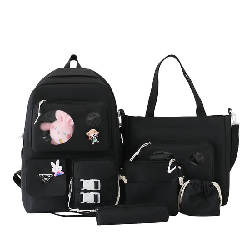 Ensemble de sacs d’école Kawai pour adolescents 5Pcs Guiyu V2 Noir – محفظة 5 قطع كاواي أسود - Sac à dos et Mode - صورة 2