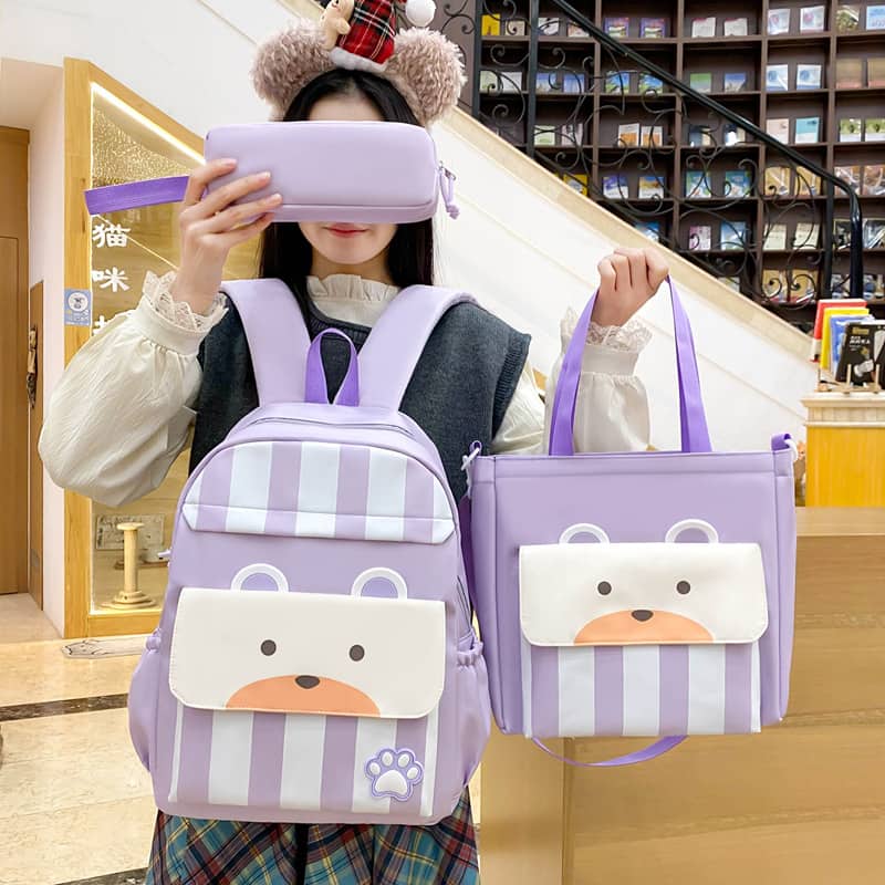 Ensemble de sacs d’école Kawai pour adolescents 3Pcs Ours Mauve – محفظة 3 قطع كاواي بنفسجي - Sac à dos et Mode - صورة 2
