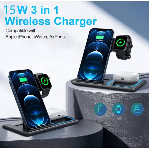 Station de charge sans fil 3 en 1 pour smartphones et appareils électroniques – شاحن لاسلكي للهاتف و الأجهزة الإلكترونية - Électronique - صورة 2