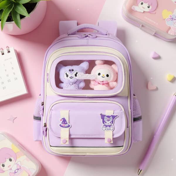 Sac à Dos Enfant Ludique avec Plusieurs Compartiment et un Peluche LM-5122 Mauve – حقيبة ظهر للأطفال بنفسجي - Sac à dos et Mode - صورة 2