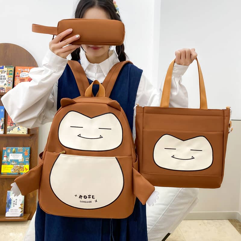 Ensemble de Sacs Snorlax 3Pcs Design Kawaii Marron – حقيبة مدرسية 3 قطع لون بني - Sac à dos et Mode - صورة 2