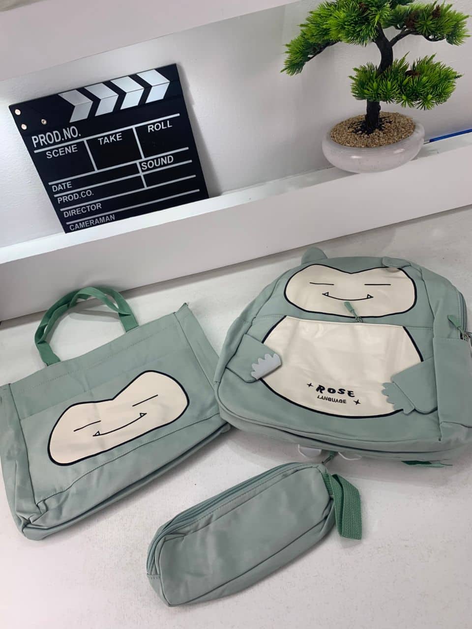 Ensemble de Sacs Snorlax 3Pcs Design Kawaii Vert – حقيبة مدرسية 3 قطع لون أخضر - Sac à dos et Mode - صورة 4