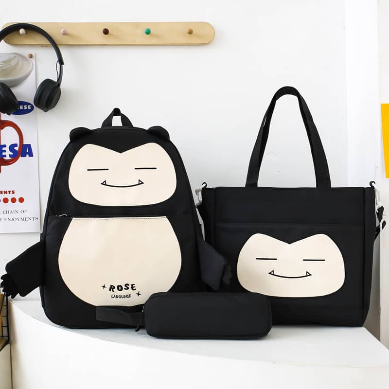 Ensemble de Sacs Snorlax 3Pcs Design Kawaii Noir – حقيبة مدرسية 3 قطع لون أسود - Sac à dos et Mode - صورة 2