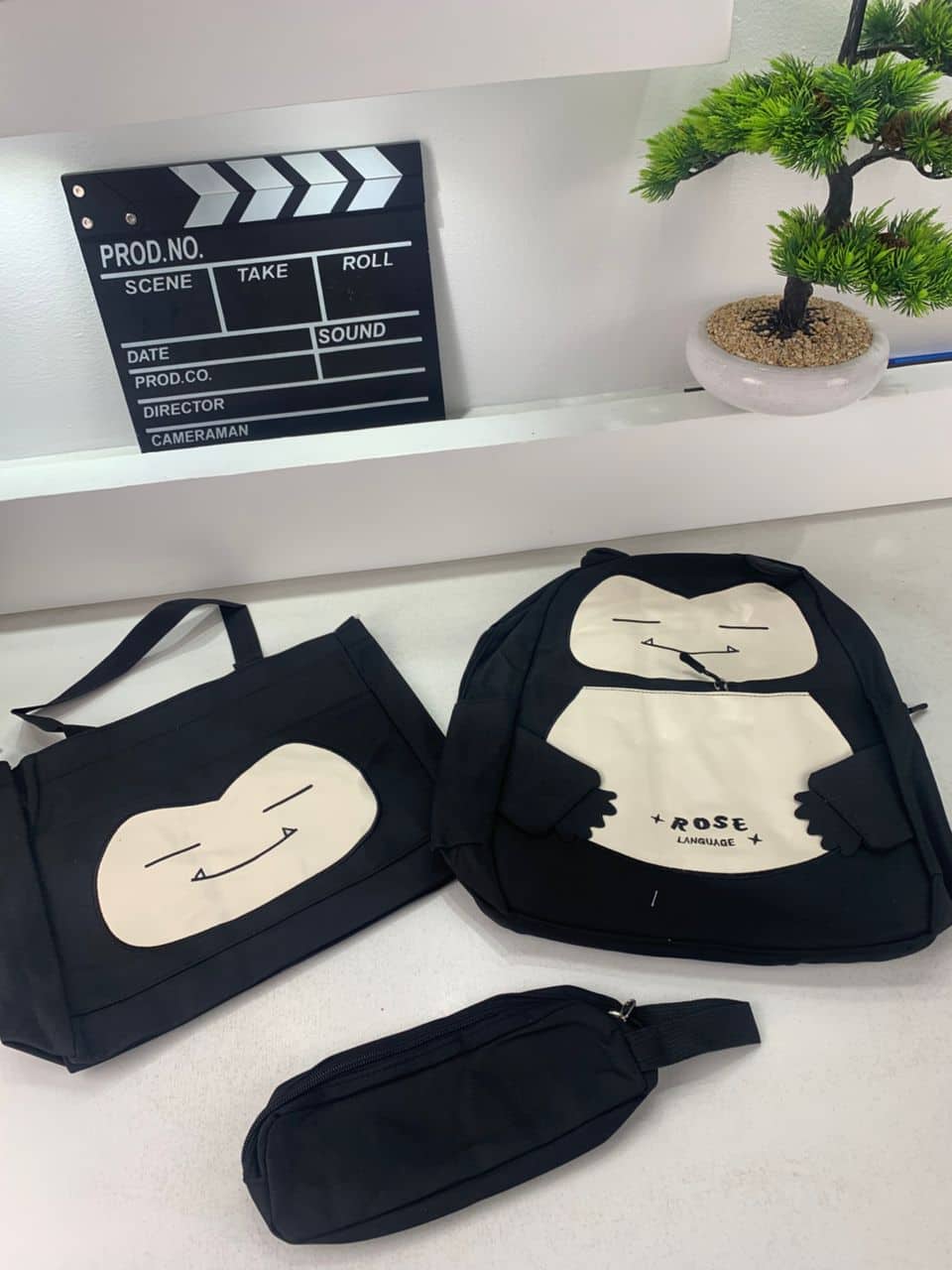 Ensemble de Sacs Snorlax 3Pcs Design Kawaii Noir – حقيبة مدرسية 3 قطع لون أسود - Sac à dos et Mode - صورة 5