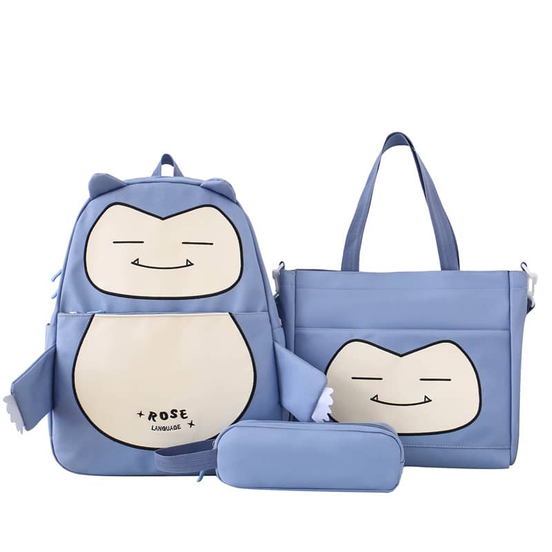 Ensemble de Sacs Snorlax 3Pcs Design Kawaii Bleu – حقيبة مدرسية 3 قطع لون أزرق - Sac à dos et Mode - صورة 4