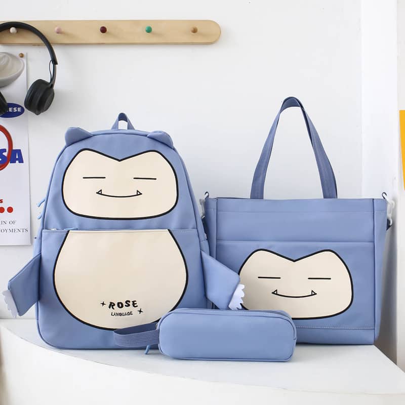 Ensemble de Sacs Snorlax 3Pcs Design Kawaii Bleu – حقيبة مدرسية 3 قطع لون أزرق - Sac à dos et Mode - صورة 5