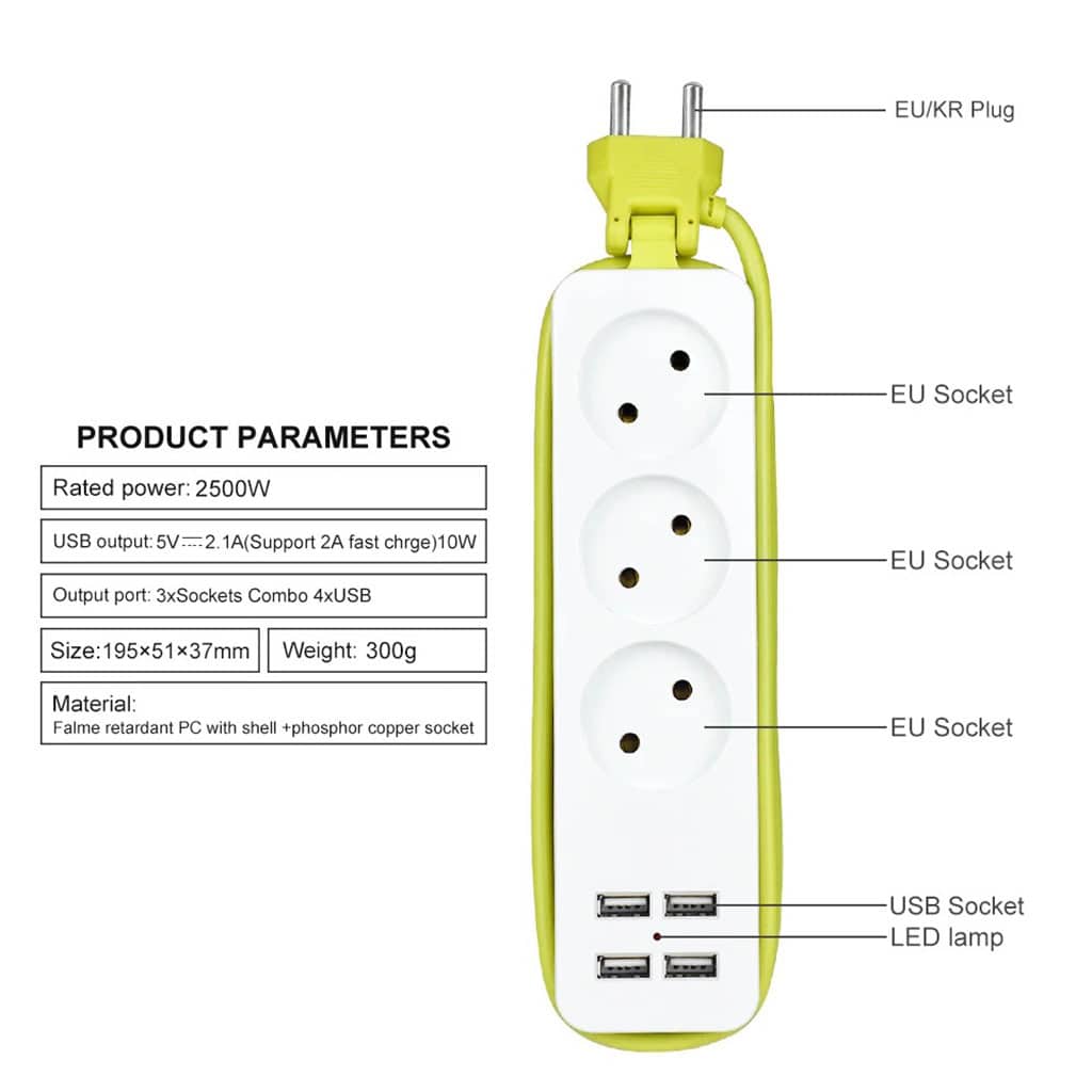 AVEL Multiprise 3 Sockets avec 4 ports USB Cordon 1,8 m Enroulable – مقبس طاقة مع منافذ شحن - Outillage et Bricolage - صورة 5