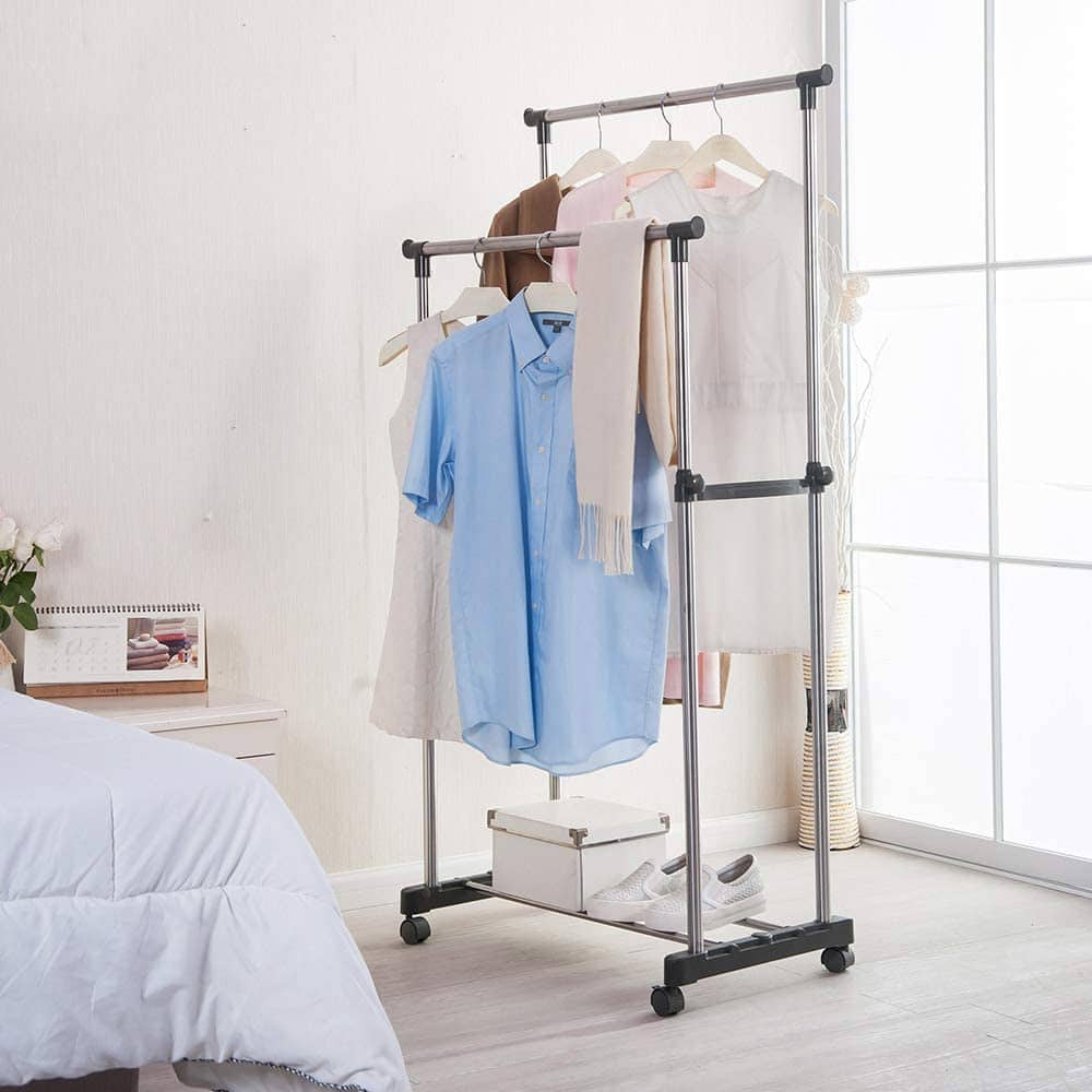 Penderie 2 Barre et porte-chaussures 2 en 1 en acier inoxydable - Maison - صورة 3