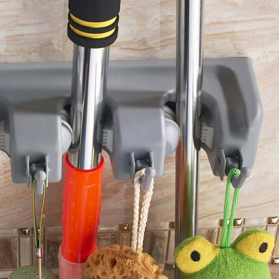 Porte-balai mural à 5 positions et 6 crochets, cintre de rangement pour étagère de cuisine - Maison - صورة 4