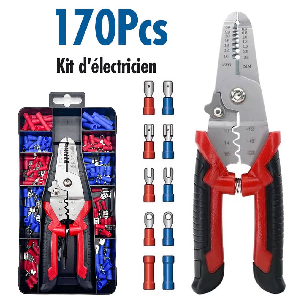 Coffret de sertissage 3en1 avec cosses 22-10 AWG – 170 pièces pour l’électricien
