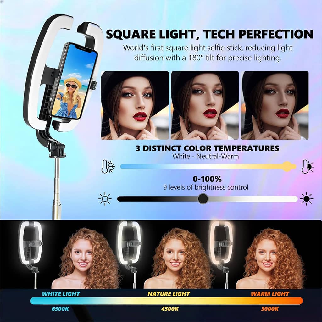 Perche à Selfie Extensible avec Support pour Téléphone et Lampe LED – عصا سيلفي مع إضاءة مدمجة ويد تحكم - Électronique - صورة 2