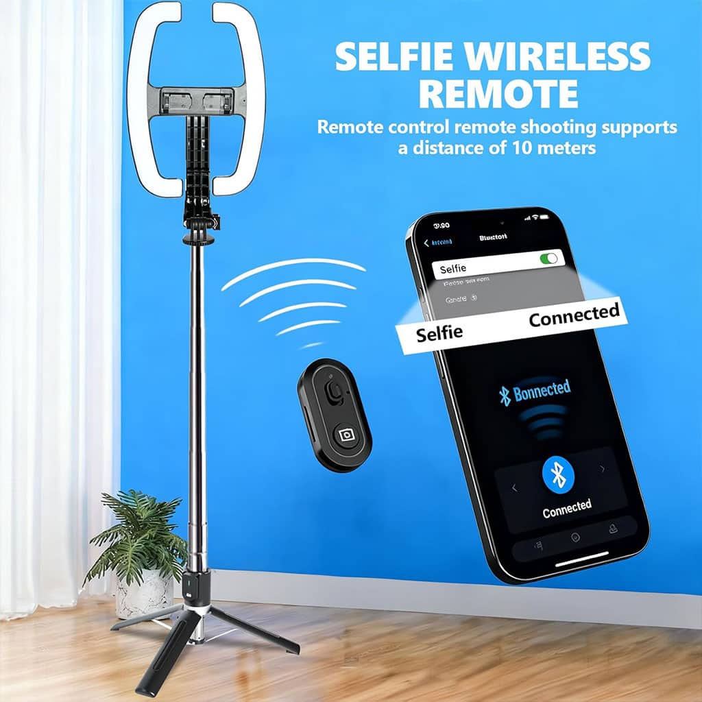 Perche à Selfie Extensible avec Support pour Téléphone et Lampe LED – عصا سيلفي مع إضاءة مدمجة ويد تحكم - Électronique - صورة 5