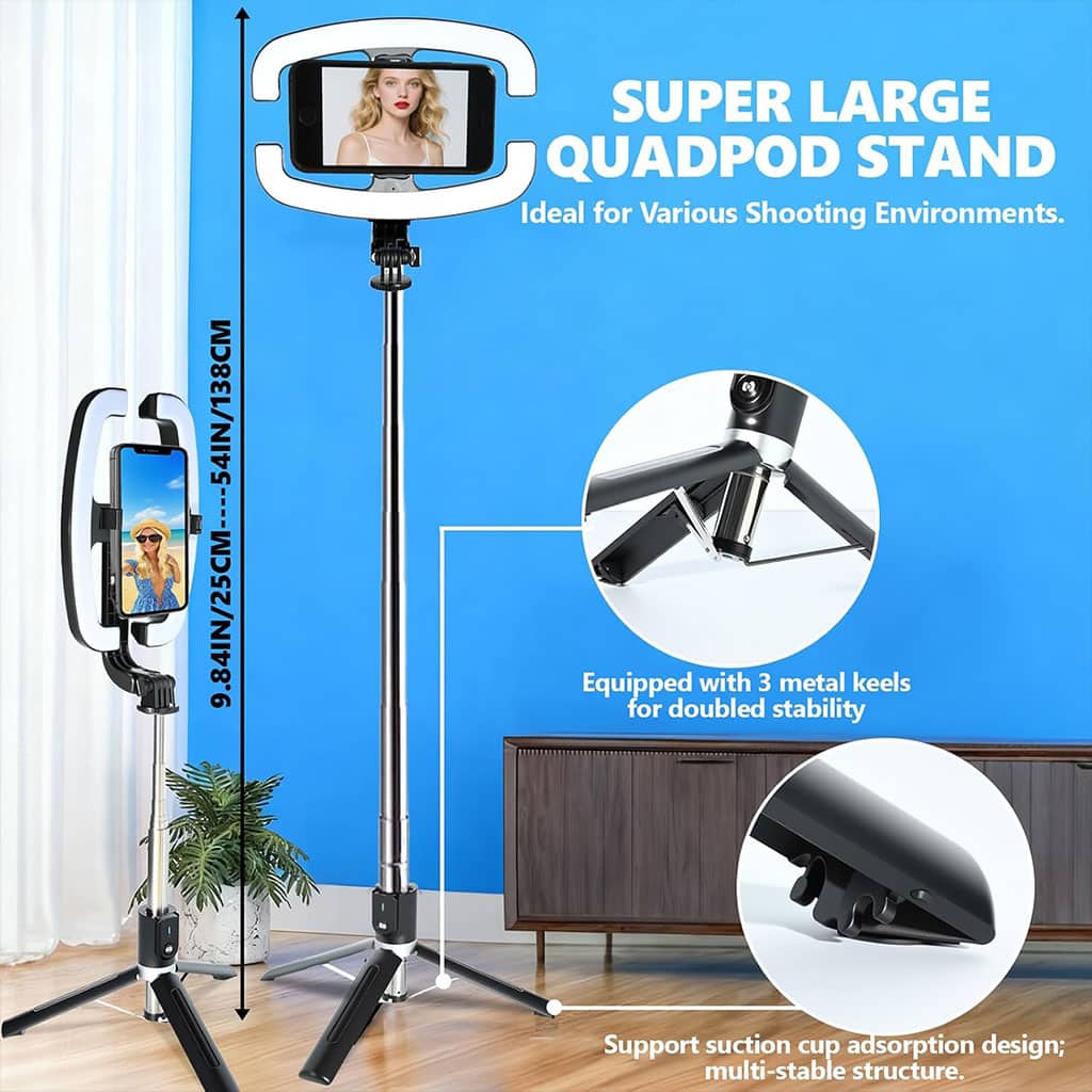Perche à Selfie Extensible avec Support pour Téléphone et Lampe LED – عصا سيلفي مع إضاءة مدمجة ويد تحكم - Électronique - صورة 7