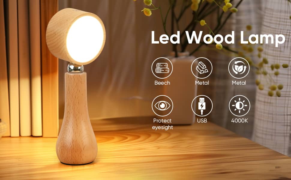 Lampe LED Motif en bois portable sans fil rechargeable à interrupteur tactile 4000K - مصباح مكتب يعمل باللمس