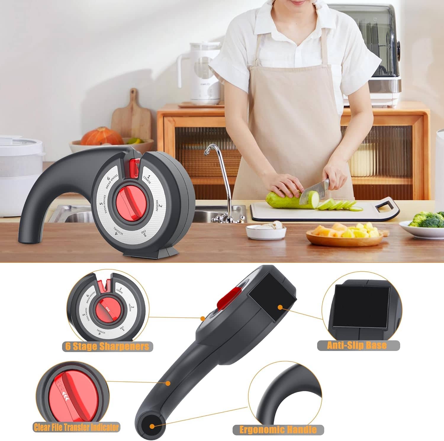Aiguiseur de couteaux de cuisine 6 en 1 avec bouton rotatif multifonction - مسن سكاكين - Cuisine - صورة 4