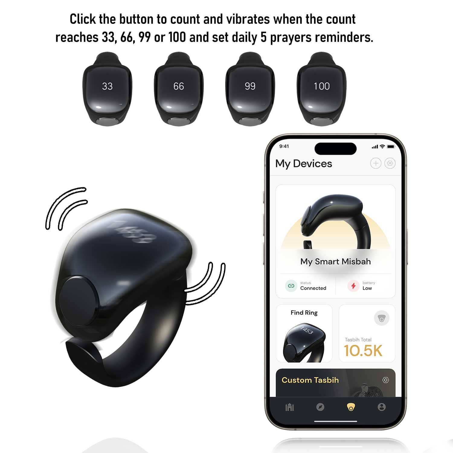 Anneau de Zikr Étanche avec Écran OLED iTasbih Faith+ Black - خاتم التسبيح الذكي المقاوم للماء بـ5 مقاسات - Électronique - صورة 6