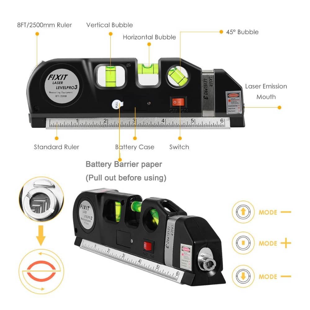 Niveau Laser 4en1 Fixit Level pro 3 Outil de musure Polyvalent Ruban De 8 Pieds - Outillage et Bricolage - صورة 8