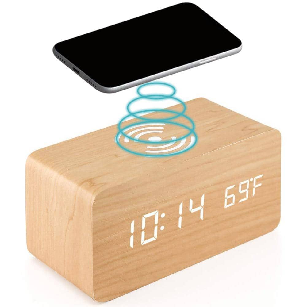 Réveil numérique de bureau en bois avec socle de charge sans fil Qi - Électronique - صورة 5