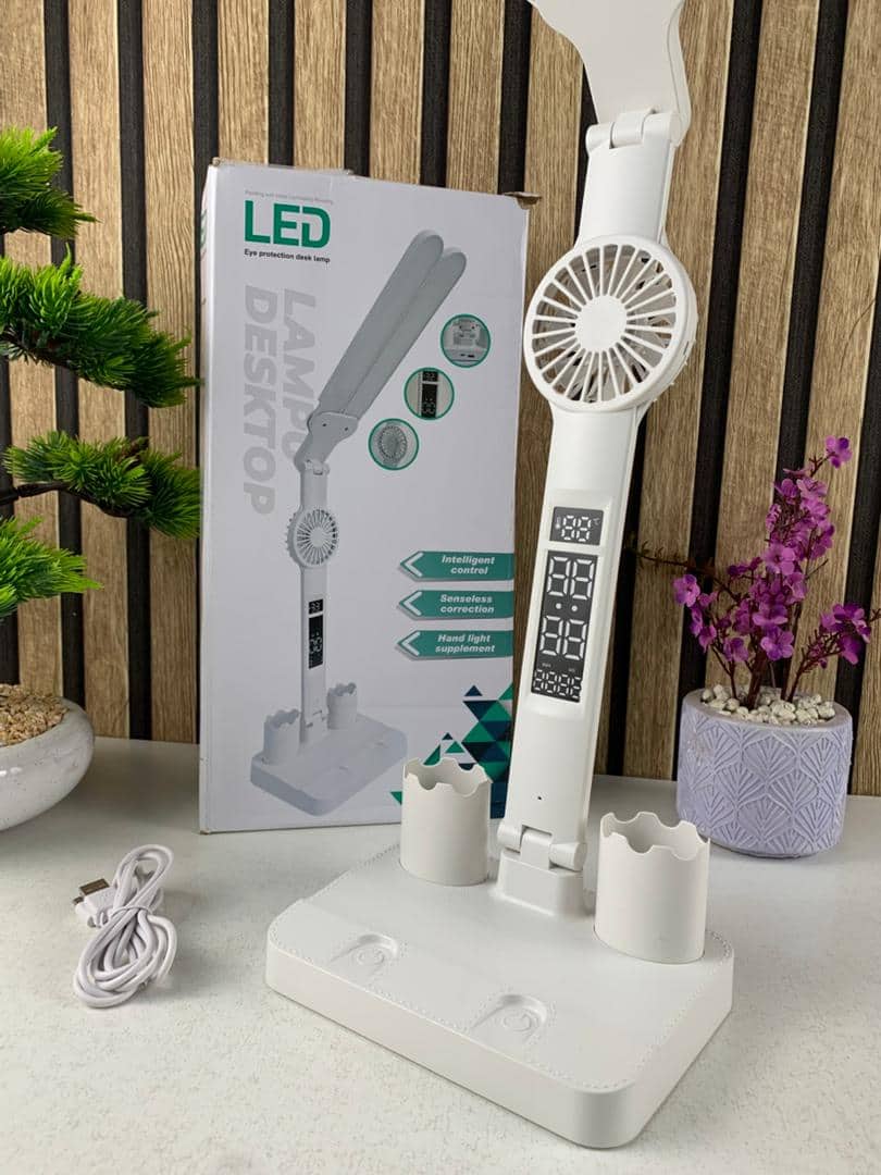 Lampe de bureau LED à double tête avec ventilateur et Horloge – مصباح مكتب مع منبه ومروحة مدمجة — معاينة 9