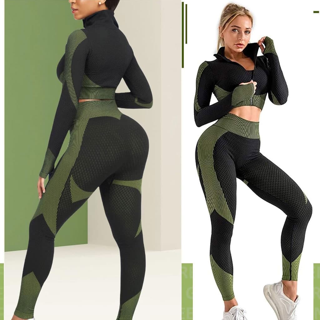 Ensembles d'entraînement pour femmes - Tenue de gymnastique sans couture à 2 pièces Vert - Divers - صورة 1