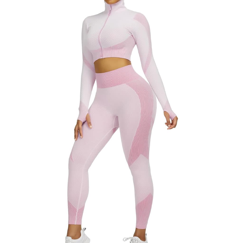 Ensembles d'entraînement pour femmes - Tenue de gymnastique sans couture à 2 pièces Rose - Sport - صورة 3
