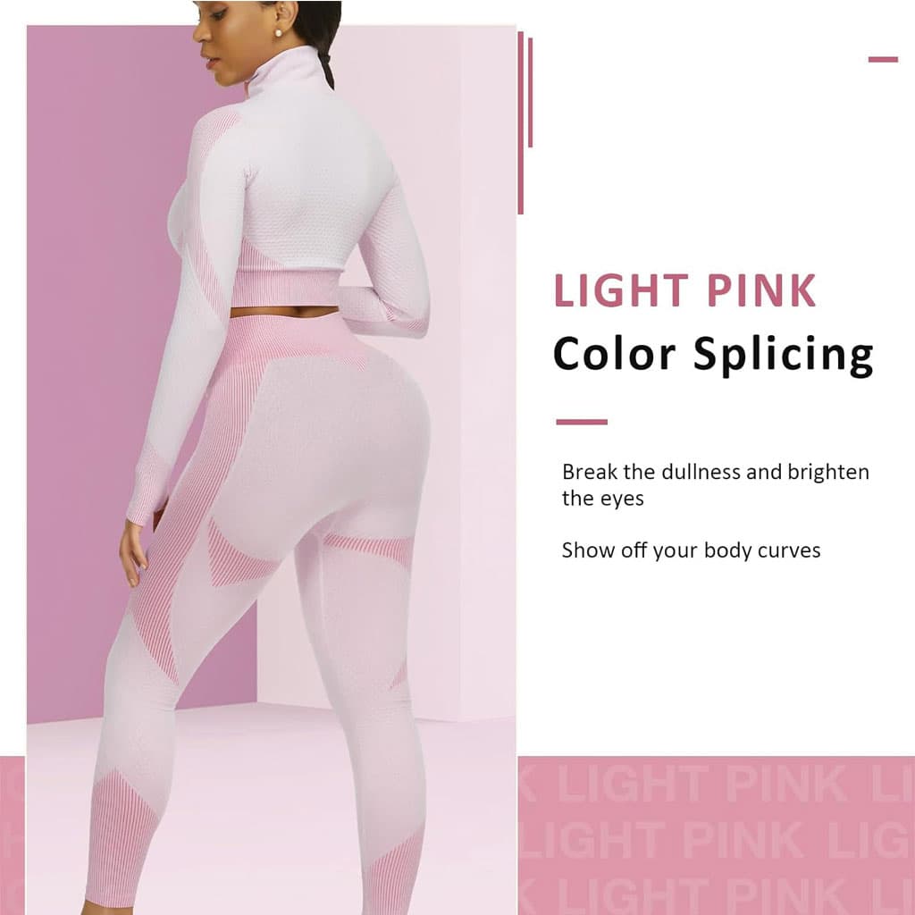 Ensembles d'entraînement pour femmes - Tenue de gymnastique sans couture à 2 pièces Rose - Sport - صورة 4