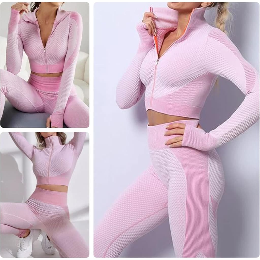 Ensembles d'entraînement pour femmes - Tenue de gymnastique sans couture à 2 pièces Rose - Sport - صورة 5