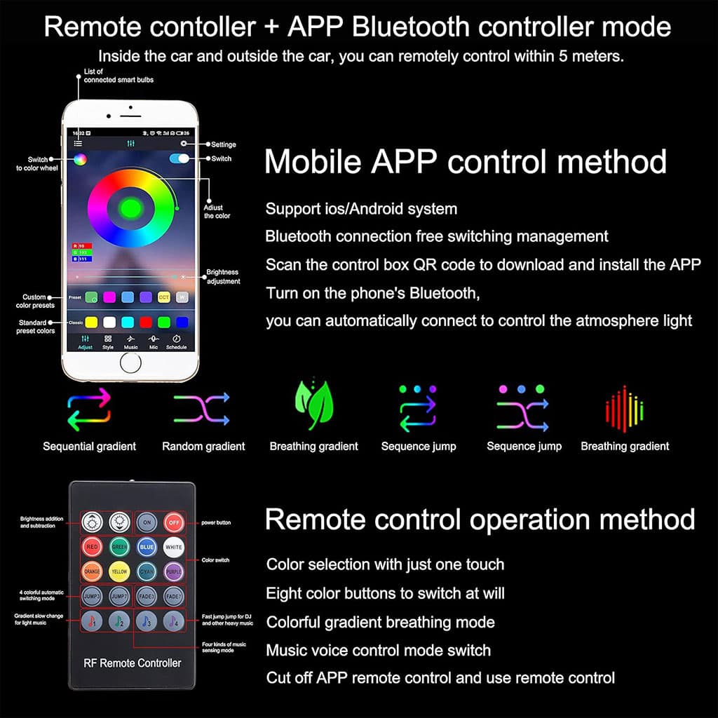 Lumière Ambiante RGB Pour l’Intérieur de Voiture avec Télécommande + APP Contrôle - Accessoires Auto/Moto - صورة 6