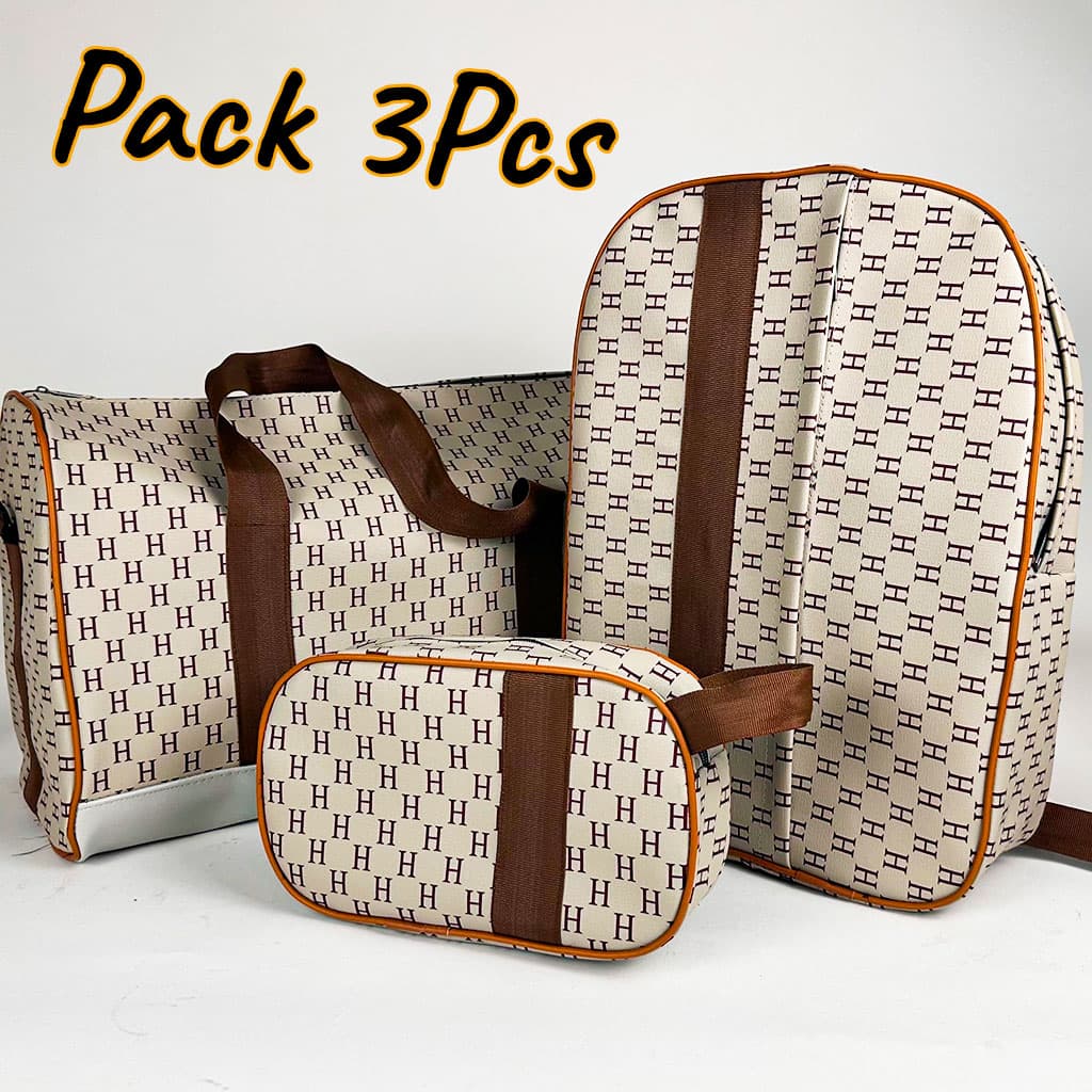 Pack 3Pcs Cabas Sac a Dos et Pochette en Tissue Imperméable Beige - Sac à dos et Mode - صورة 1