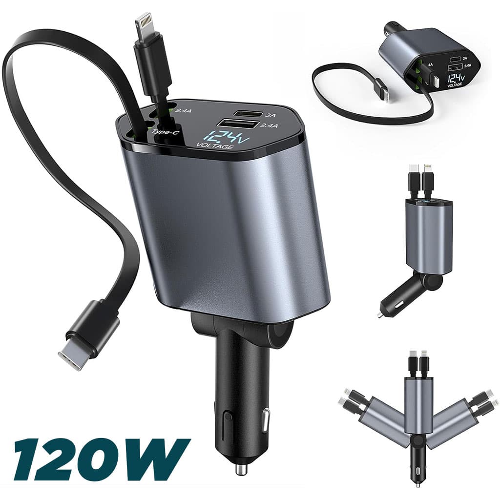 Chargeur de Voiture Rétractable 4en1 120W – شاحن سريع - Accessoires Auto/Moto - صورة 1