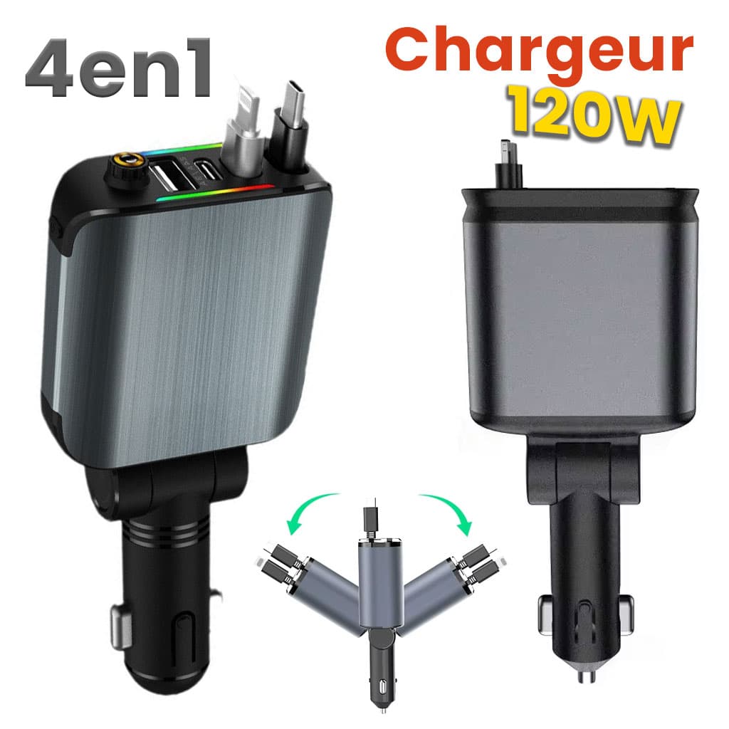 Chargeur Voiture 4en1 Rétractable 120W avec toit Starlight pour téléphones iOS et Android- شاحن سيارة متعدد المنافذ - Accessoires Auto/Moto - صورة 1