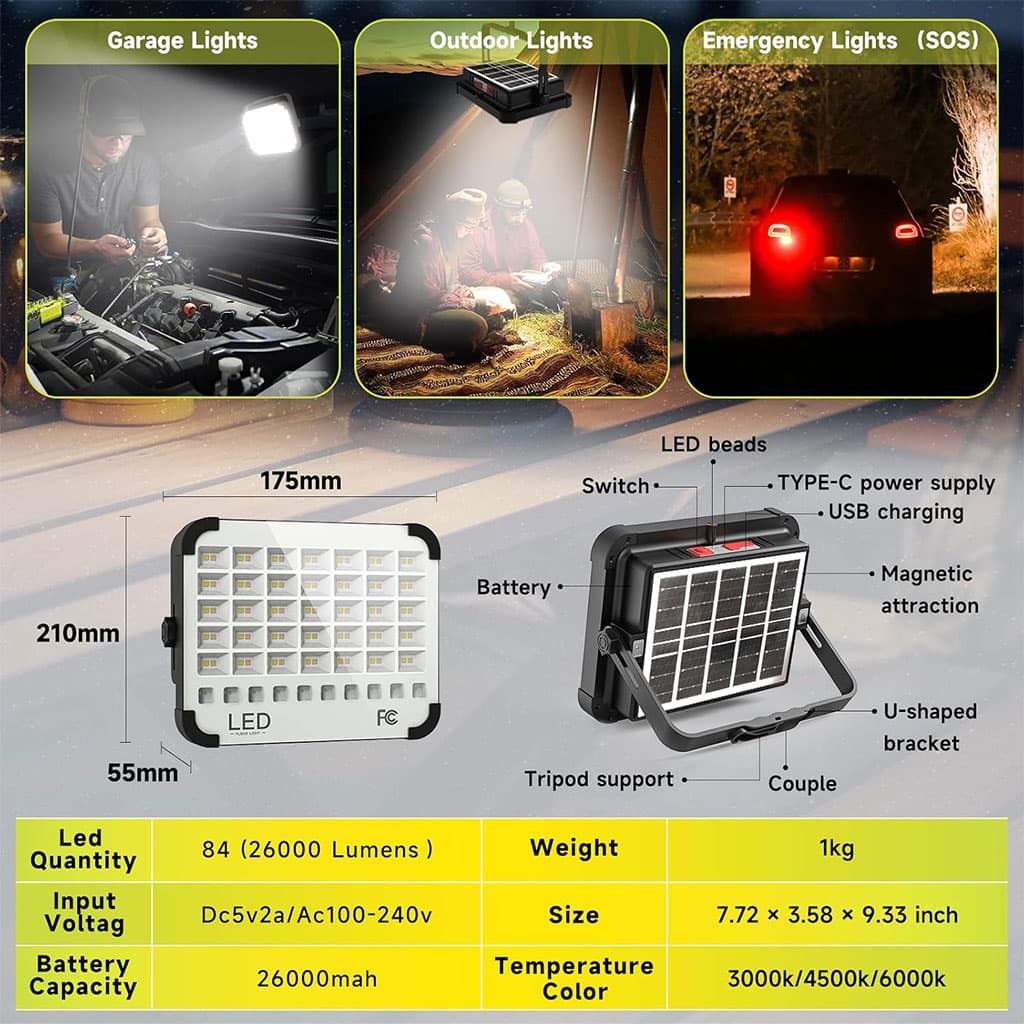 Lampe Solaire Rechargeable LED 300 W Portable et Magnétique 26000LM – مصباح محمول قابل للشحن بالطاقة الشمسية - Électronique - صورة 4