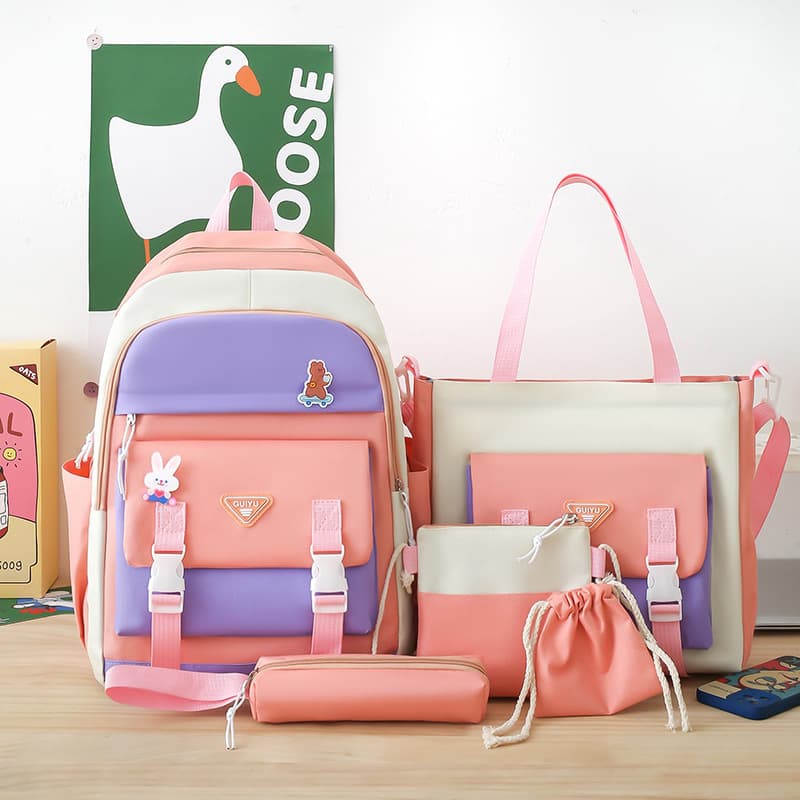 Ensemble de sacs d’école Kawai pour adolescents 5Pcs Guiyu V1 Rose – محفظة 5 قطع كاواي وردي - Sac à dos et Mode - صورة 1