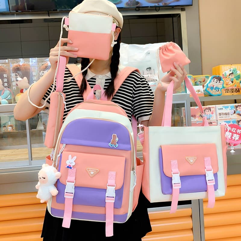 Ensemble de sacs d’école Kawai pour adolescents 5Pcs Guiyu V1 Rose – محفظة 5 قطع كاواي وردي - Sac à dos et Mode - صورة 4