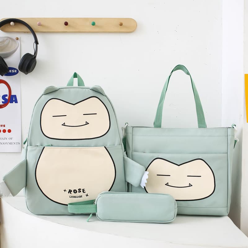 Ensemble de Sacs Snorlax 3Pcs Design Kawaii Vert – حقيبة مدرسية 3 قطع لون أخضر - Sac à dos et Mode - صورة 1