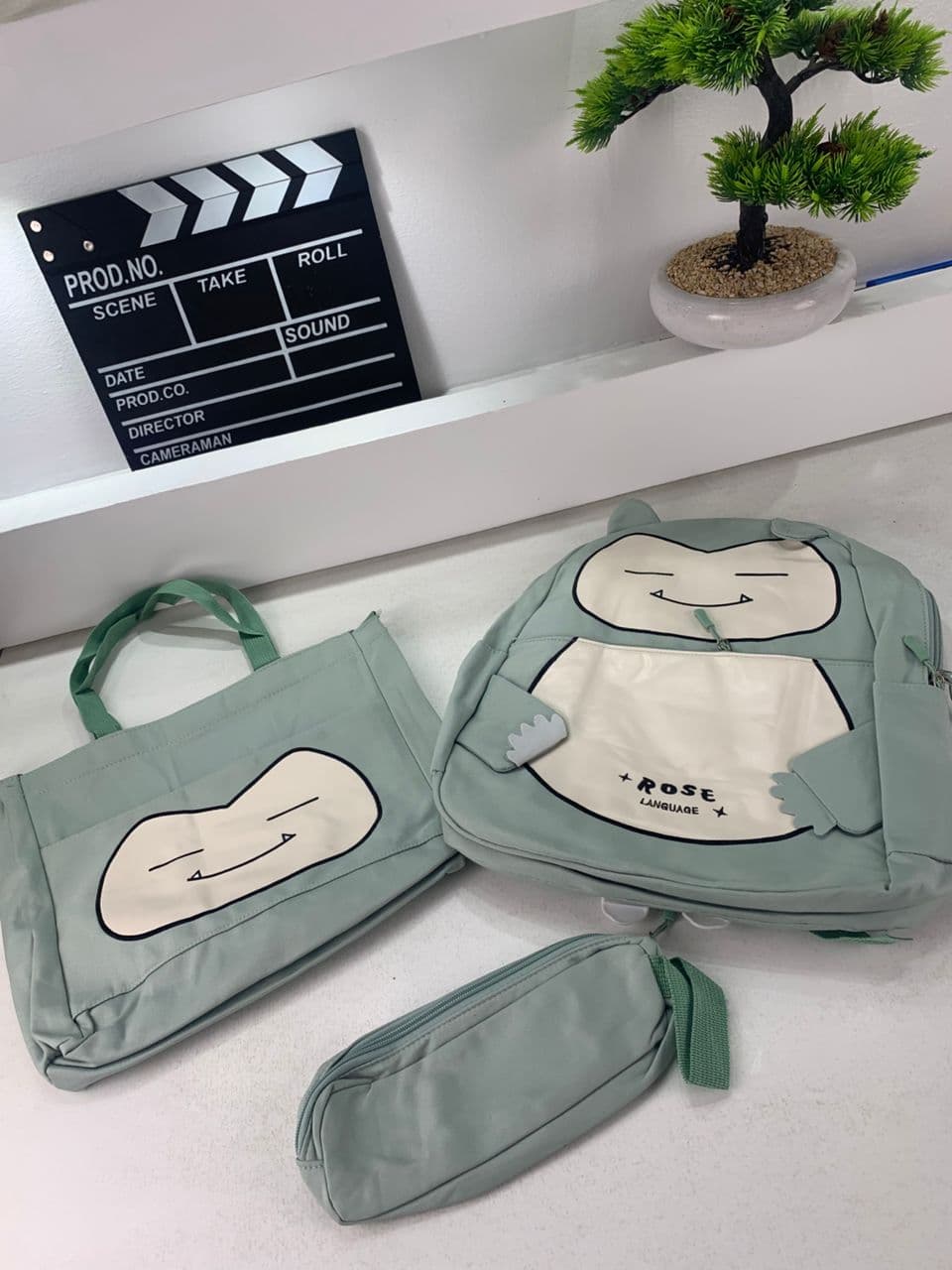Ensemble de Sacs Snorlax 3Pcs Design Kawaii Vert – حقيبة مدرسية 3 قطع لون أخضر - Sac à dos et Mode - صورة حقيقية 4