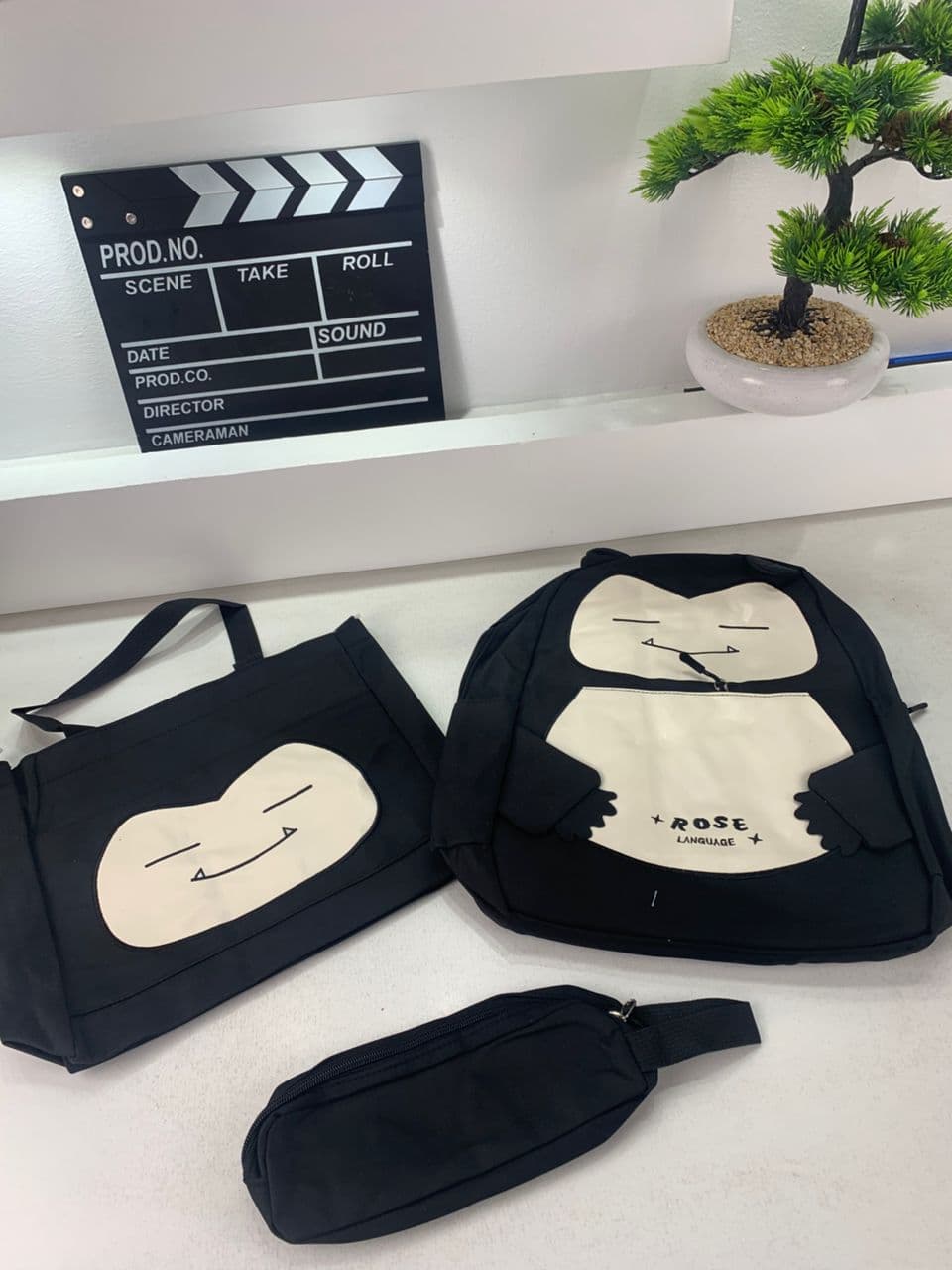 Ensemble de Sacs Snorlax 3Pcs Design Kawaii Noir – حقيبة مدرسية 3 قطع لون أسود - Sac à dos et Mode - صورة حقيقية 5